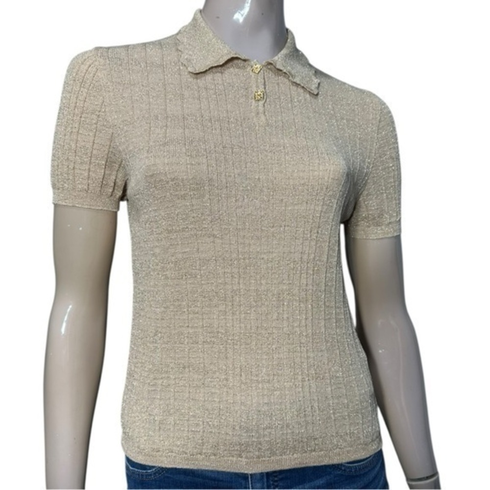 Les Copains Couture Women’s 42 S M Metallic Gold Wool Blend Knit Polo Sweater